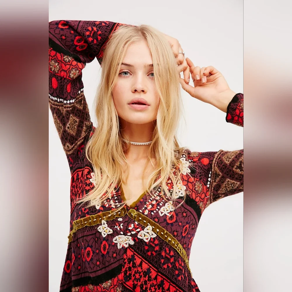 Free People World Traveler Alpaca Blend Embroidered Boho Pullover Sweater Knit M